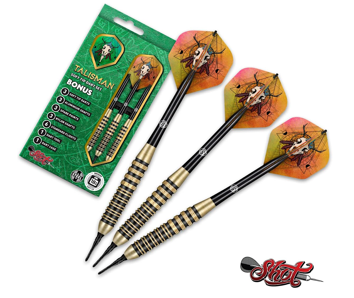 Shot! Darts Talisman-Soft Tip Dart Set-Centre Weighted-Steel Barrels 18gm