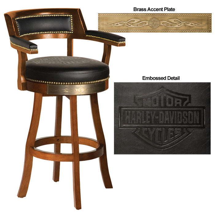 Harley-Davidson¨ Bar & Shield Flames Barstool w/ Backrest - Heritage Brown Finish