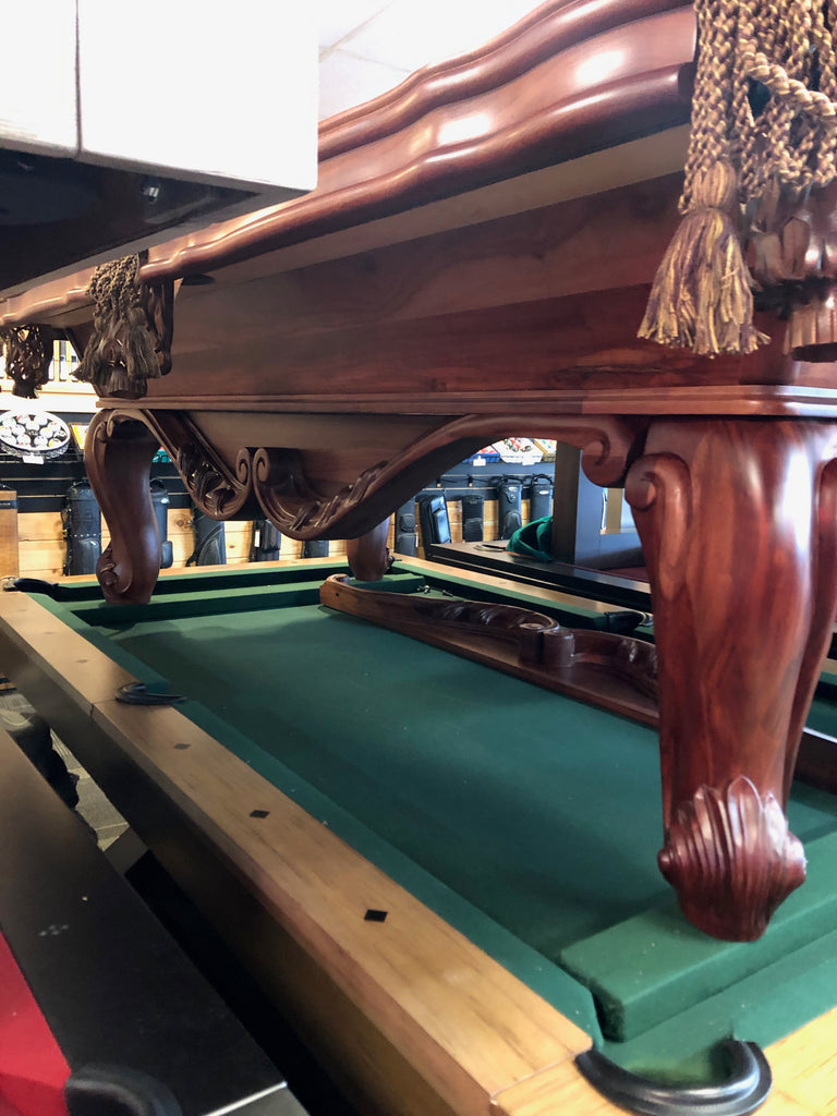 (SOLD) Used 8' Solid Teak Custom Floor Model Pool Table