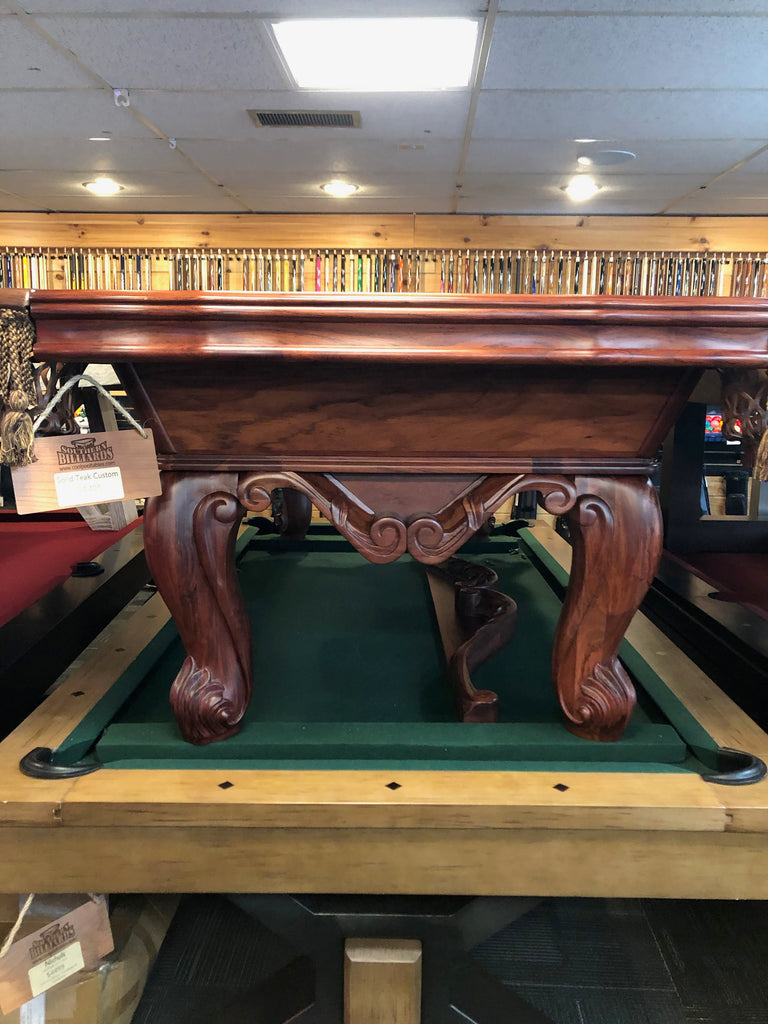(SOLD) Used 8' Solid Teak Custom Floor Model Pool Table