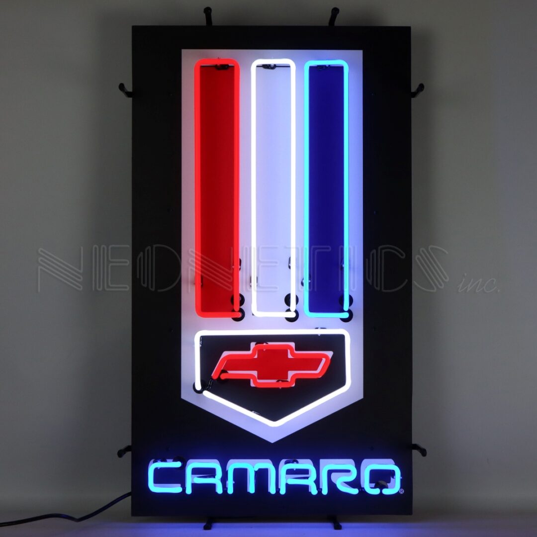 CAMARO RED, WHITE AND BLUE NEON SIGN WITH BACKING