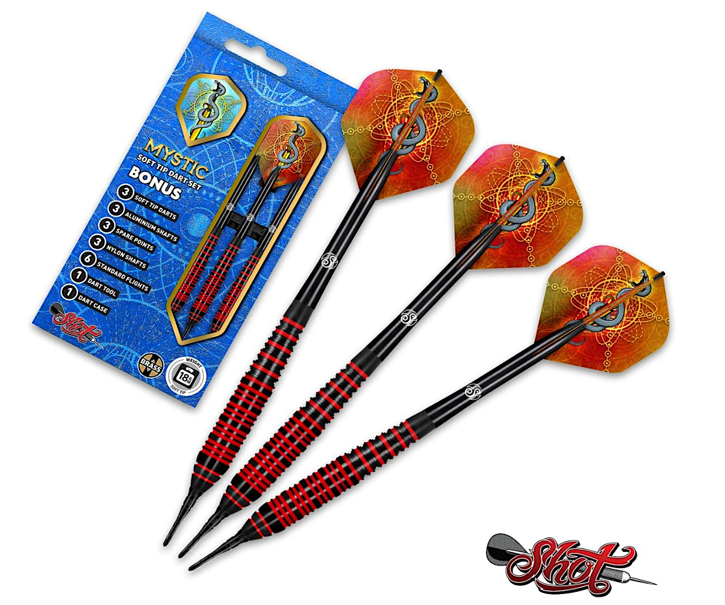 Shot! Darts Mystic Red-Soft Tip Dart Set-18gm-Centre Weighted-Colour Plated Brass Barrels