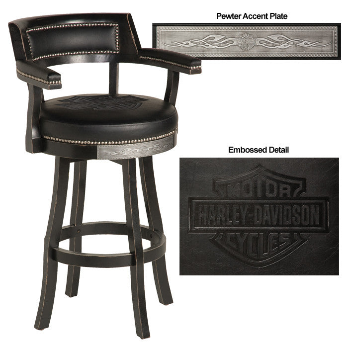 Harley-Davidson¨ Bar & Shield Flames Barstool w/ Backrest - Vintage Black Finish